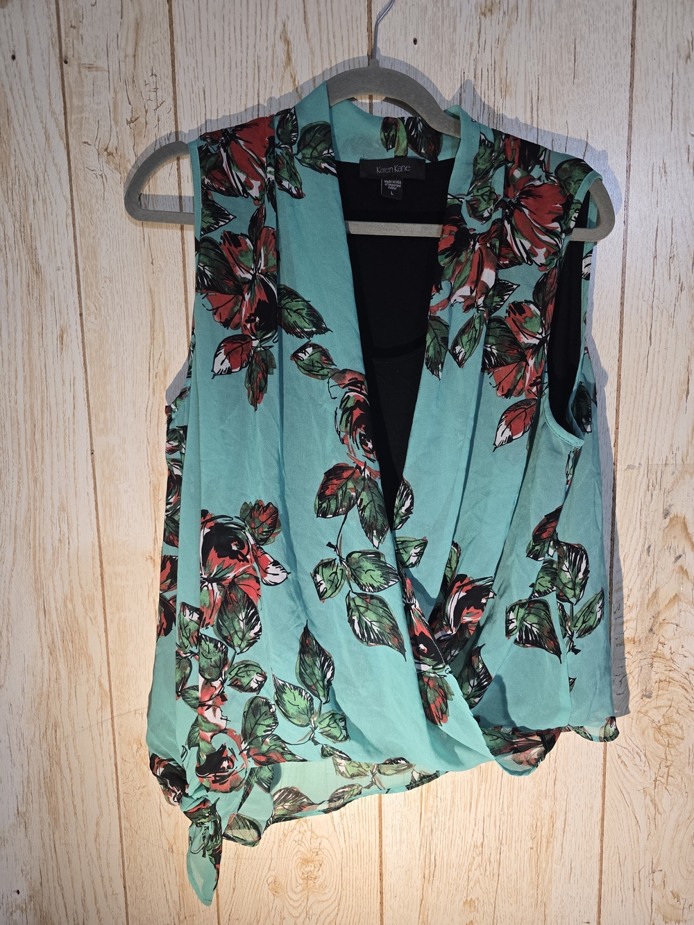 Karen Kane Teal Floral Print Sleeveless Vest Top Black Contrast Size L